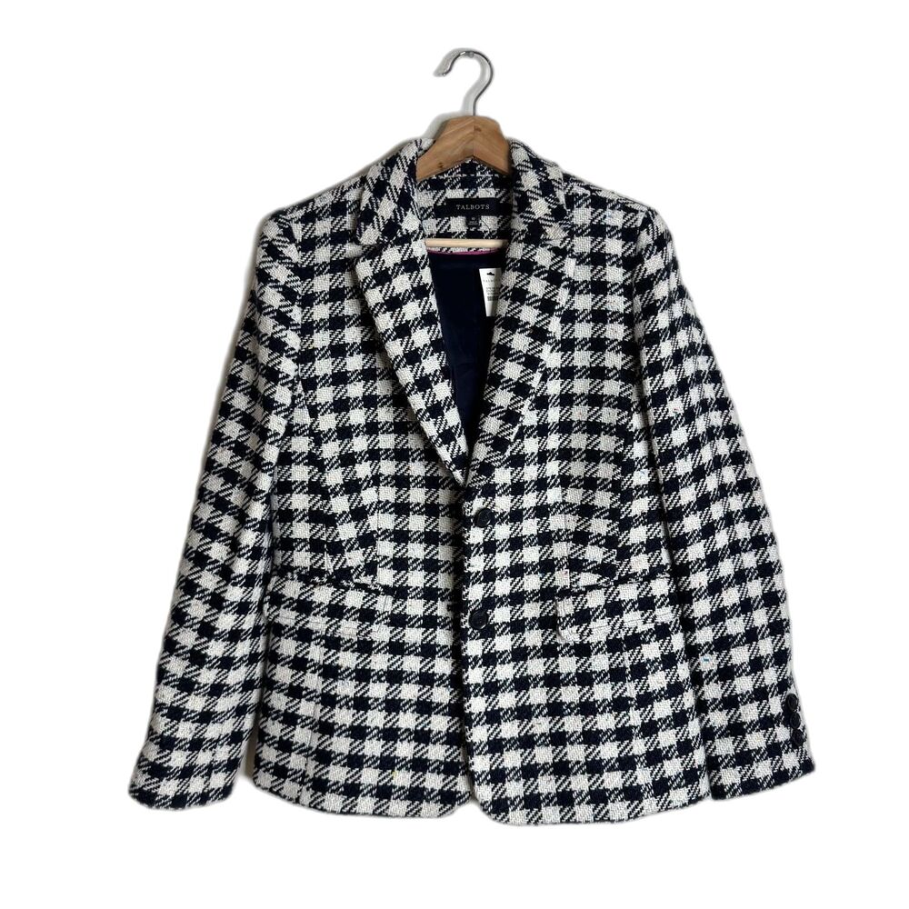 Talbots Blazer Womens 10 Black White Houndstooth Wool Blend Tweed Jacket office - Picture 2 of 12